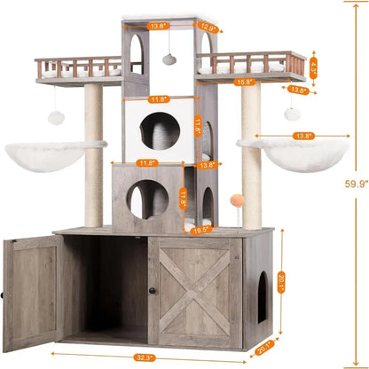 Cat Tree Tower With Litter Box Enclosure for Indoor Big Cat