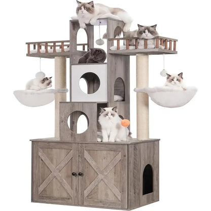 Cat Tree Tower With Litter Box Enclosure for Indoor Big Cat