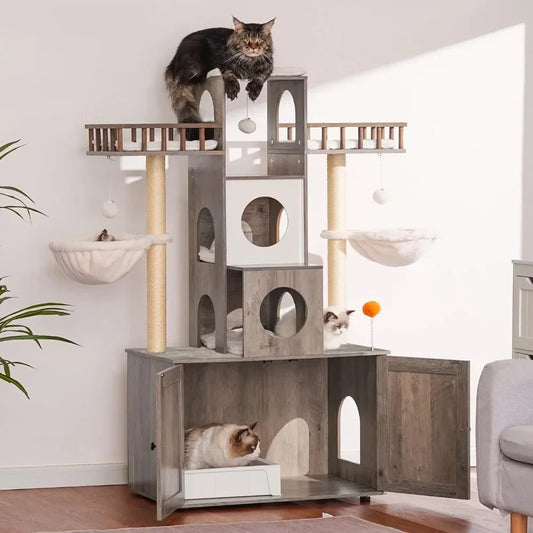 Cat Tree Tower With Litter Box Enclosure for Indoor Big Cat